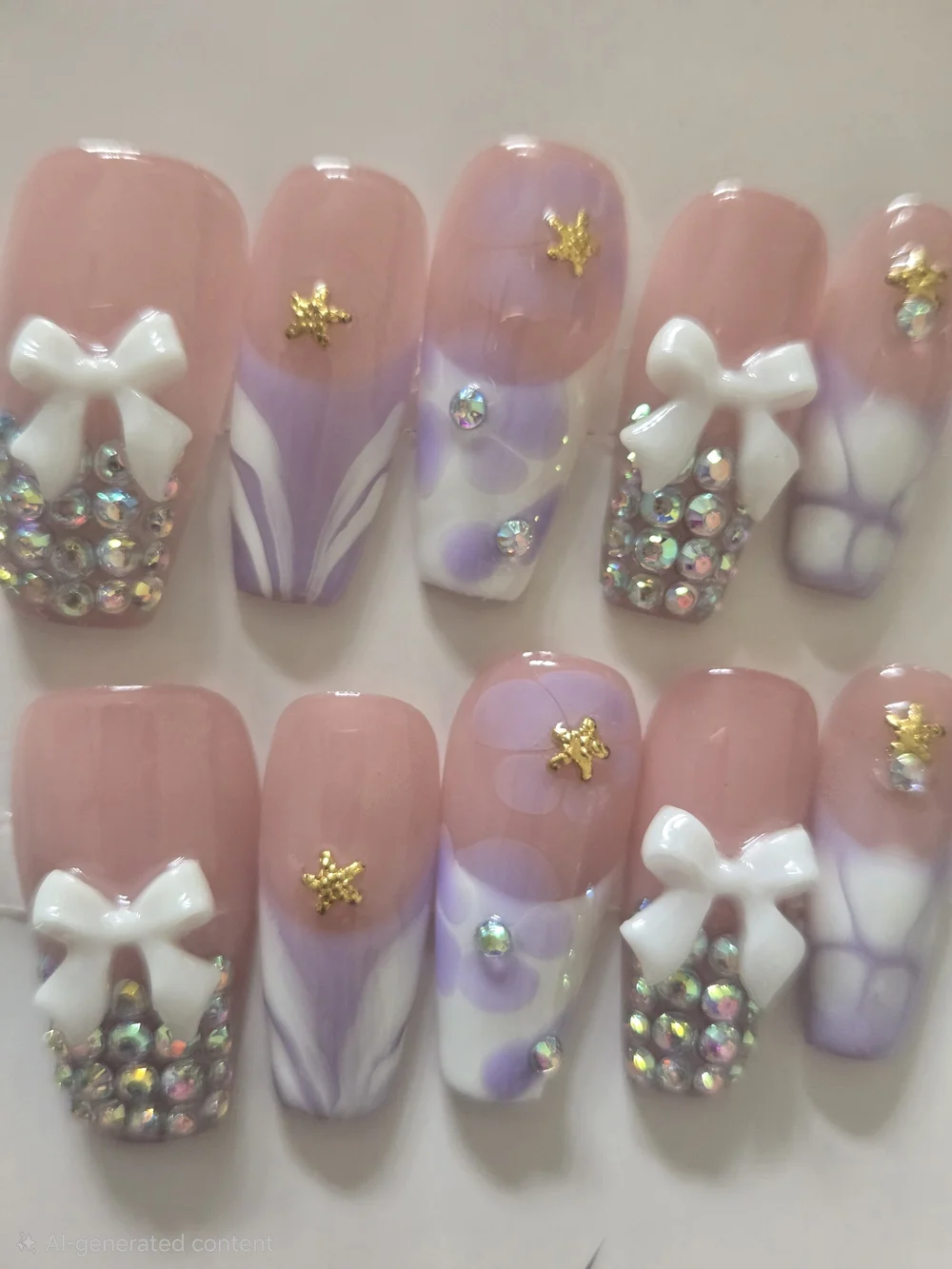 Pink & Lavender Floral Bow Press-On Nails with Rhinestones